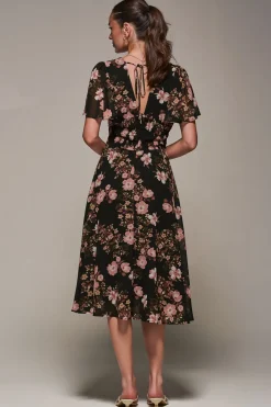 Chiffon Tie Back Detail Midi Dress, Black Floral