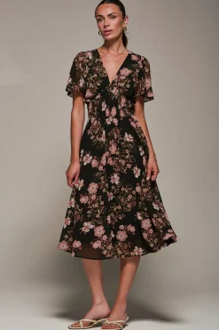 Chiffon Tie Back Detail Midi Dress, Black Floral