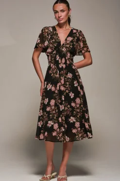 Chiffon Tie Back Detail Midi Dress, Black Floral
