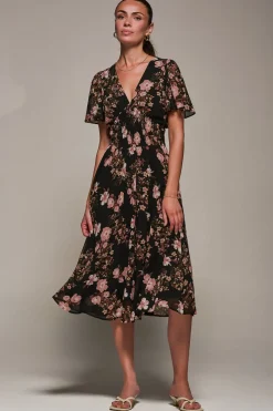 Chiffon Tie Back Detail Midi Dress, Black Floral