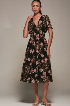 Chiffon Tie Back Detail Midi Dress, Black Floral
