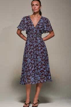 Chiffon Tie Back Detail Midi Dress, Blue Floral