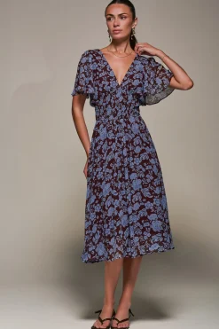 Chiffon Tie Back Detail Midi Dress, Blue Floral