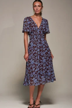 Chiffon Tie Back Detail Midi Dress, Blue Floral