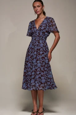 Chiffon Tie Back Detail Midi Dress, Blue Floral
