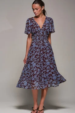 Chiffon Tie Back Detail Midi Dress, Blue Floral