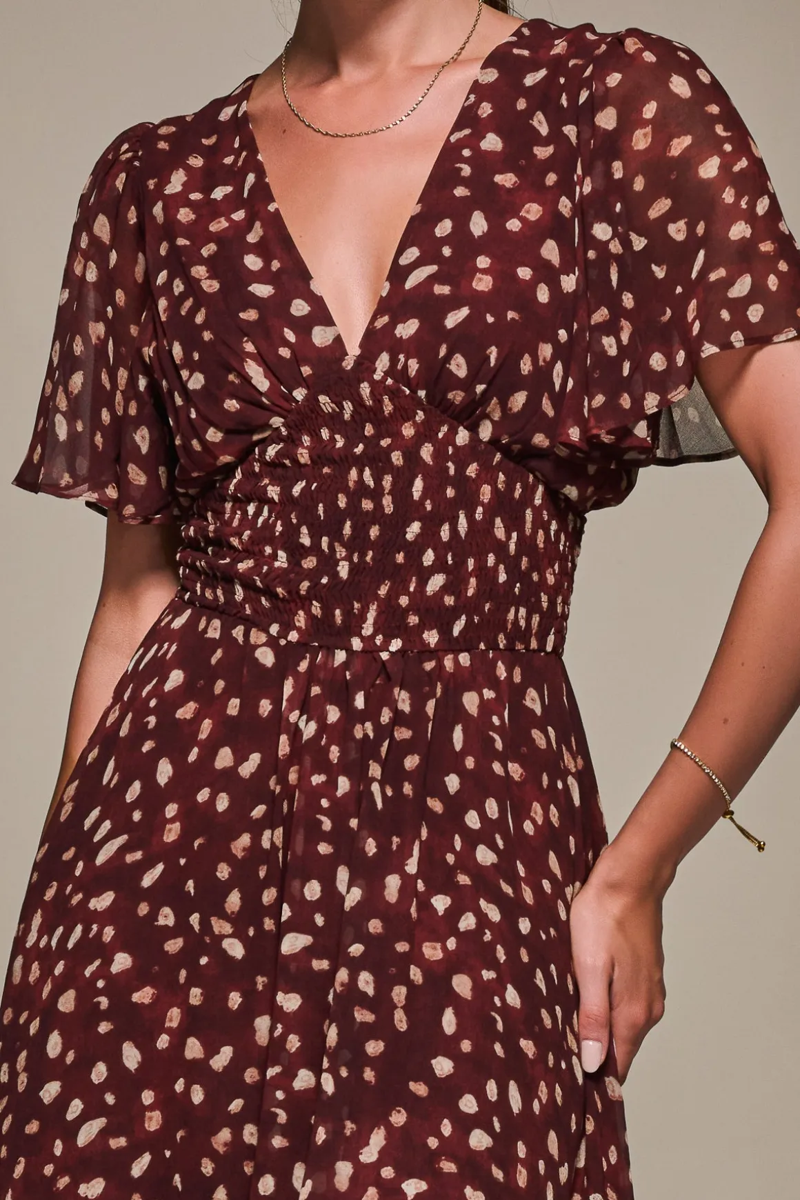 Chiffon Tie Back Detail Midi Dress, Burgundy Abstract