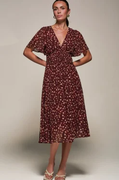 Chiffon Tie Back Detail Midi Dress, Burgundy Abstract