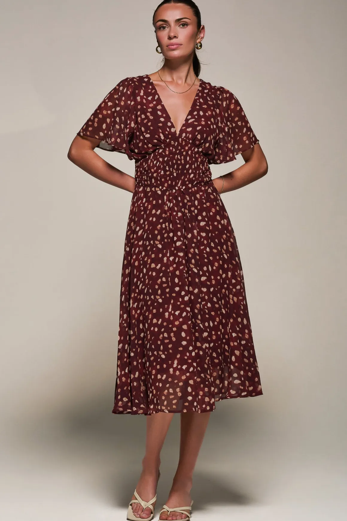Chiffon Tie Back Detail Midi Dress, Burgundy Abstract