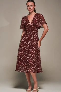 Chiffon Tie Back Detail Midi Dress, Burgundy Abstract