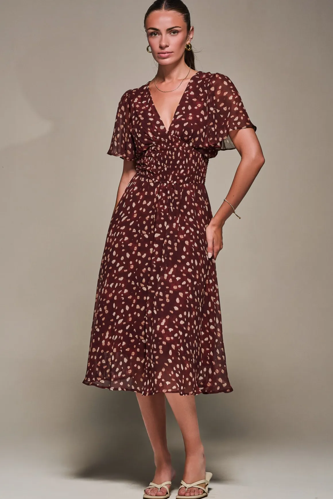 Chiffon Tie Back Detail Midi Dress, Burgundy Abstract