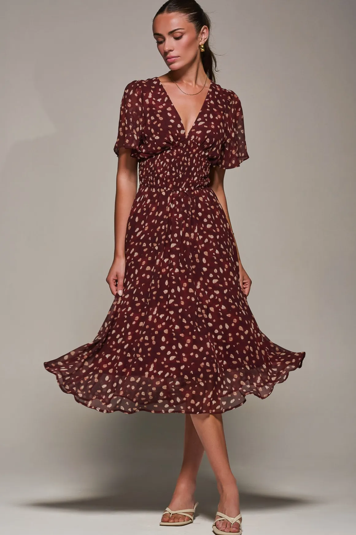 Chiffon Tie Back Detail Midi Dress, Burgundy Abstract