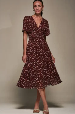 Chiffon Tie Back Detail Midi Dress, Burgundy Abstract