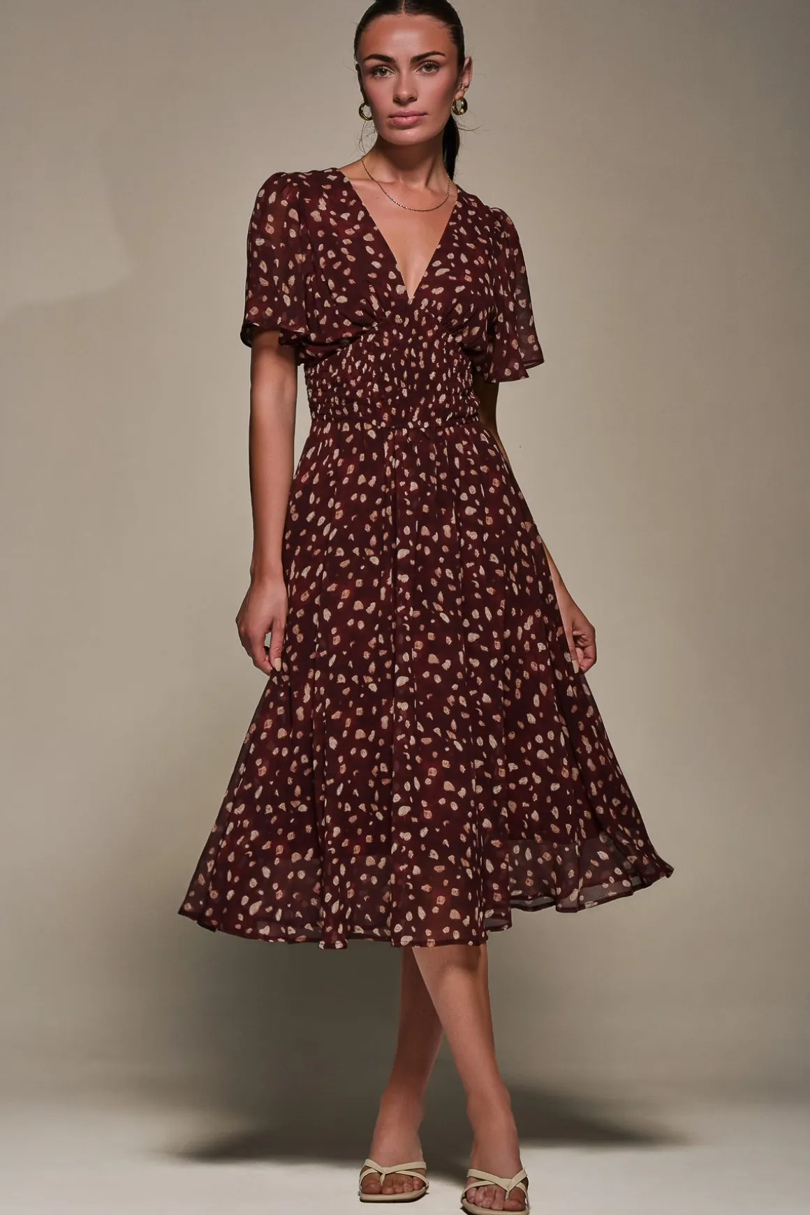 Chiffon Tie Back Detail Midi Dress, Burgundy Abstract