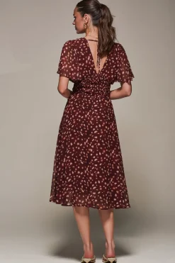 Chiffon Tie Back Detail Midi Dress, Burgundy Abstract