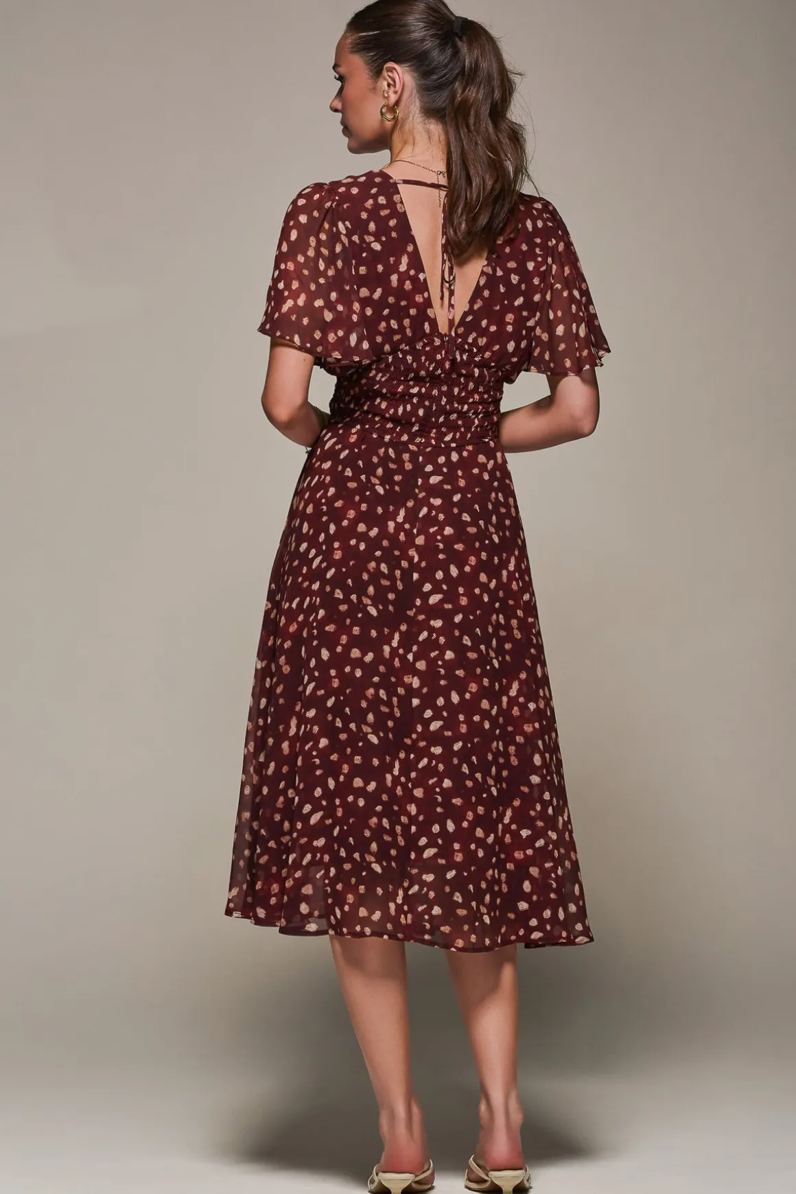 Chiffon Tie Back Detail Midi Dress, Burgundy Abstract