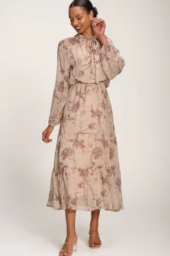 Chiffon Tie Neckline Midaxi Dress, Brown Floral