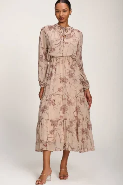Chiffon Tie Neckline Midaxi Dress, Brown Floral