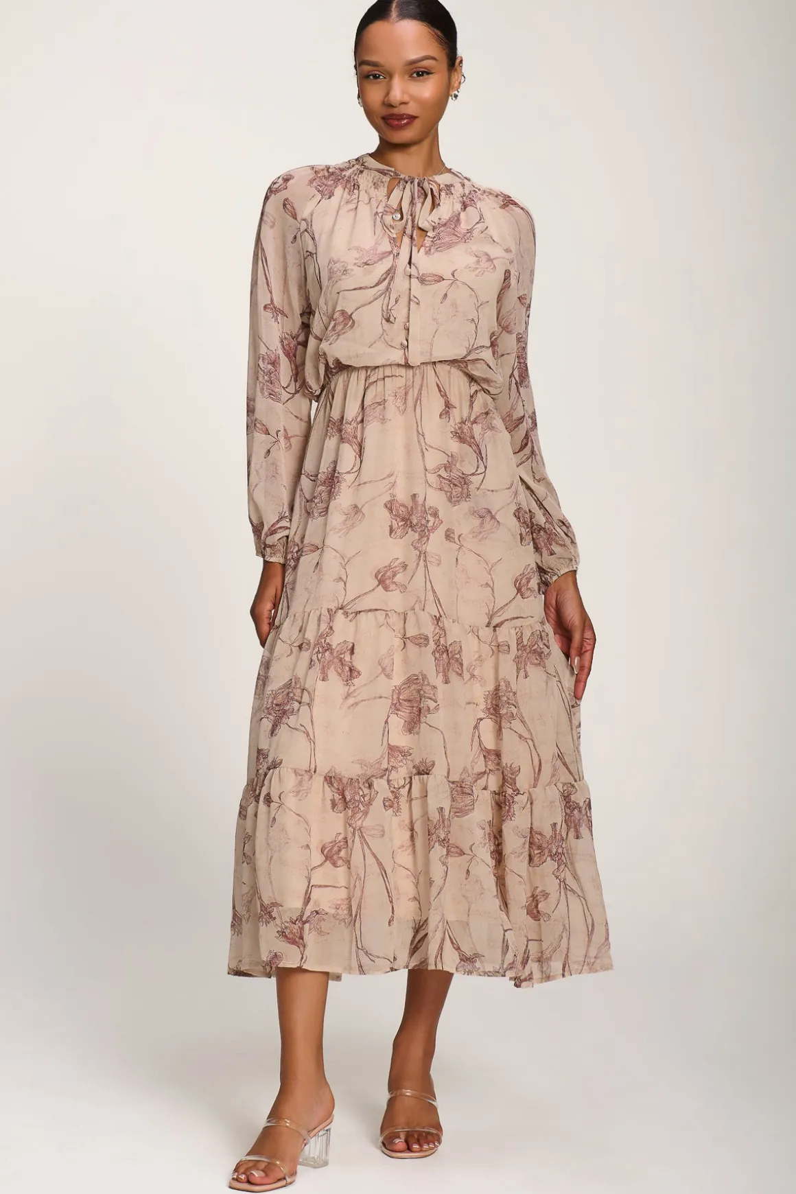 Chiffon Tie Neckline Midaxi Dress, Brown Floral