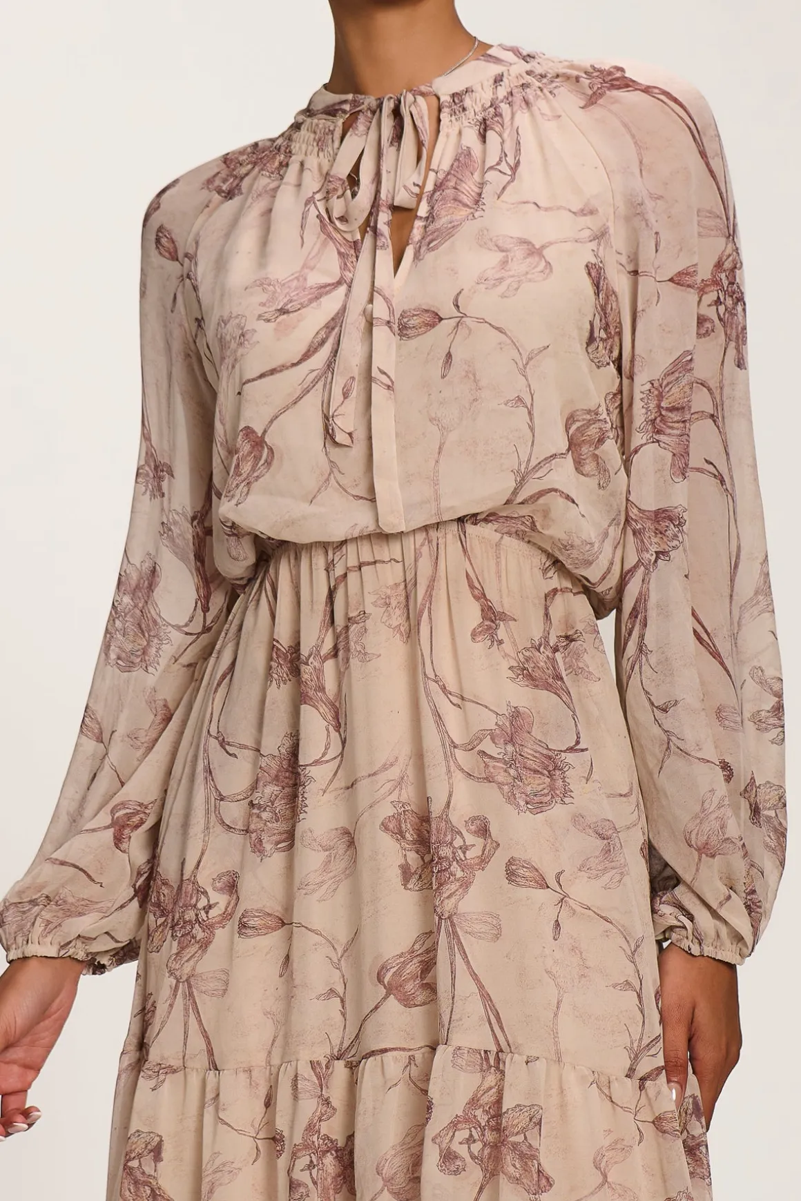 Chiffon Tie Neckline Midaxi Dress, Brown Floral