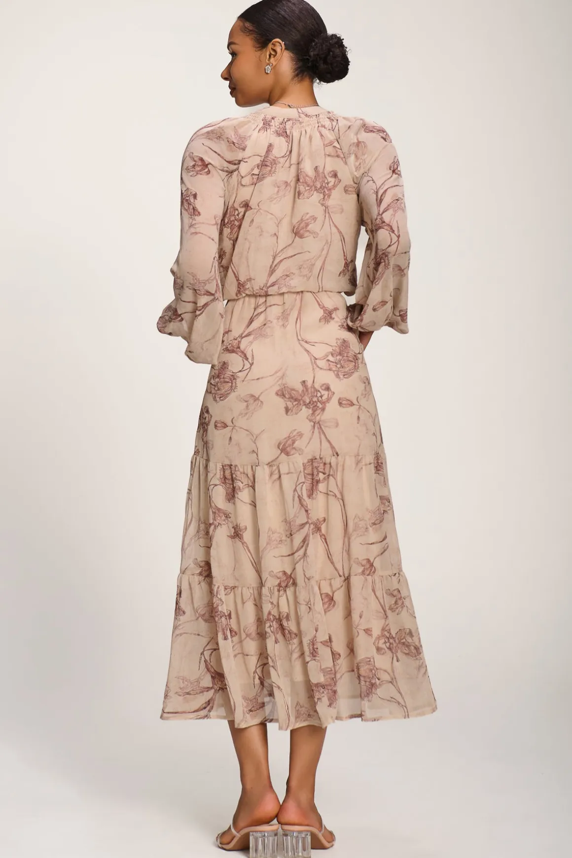 Chiffon Tie Neckline Midaxi Dress, Brown Floral