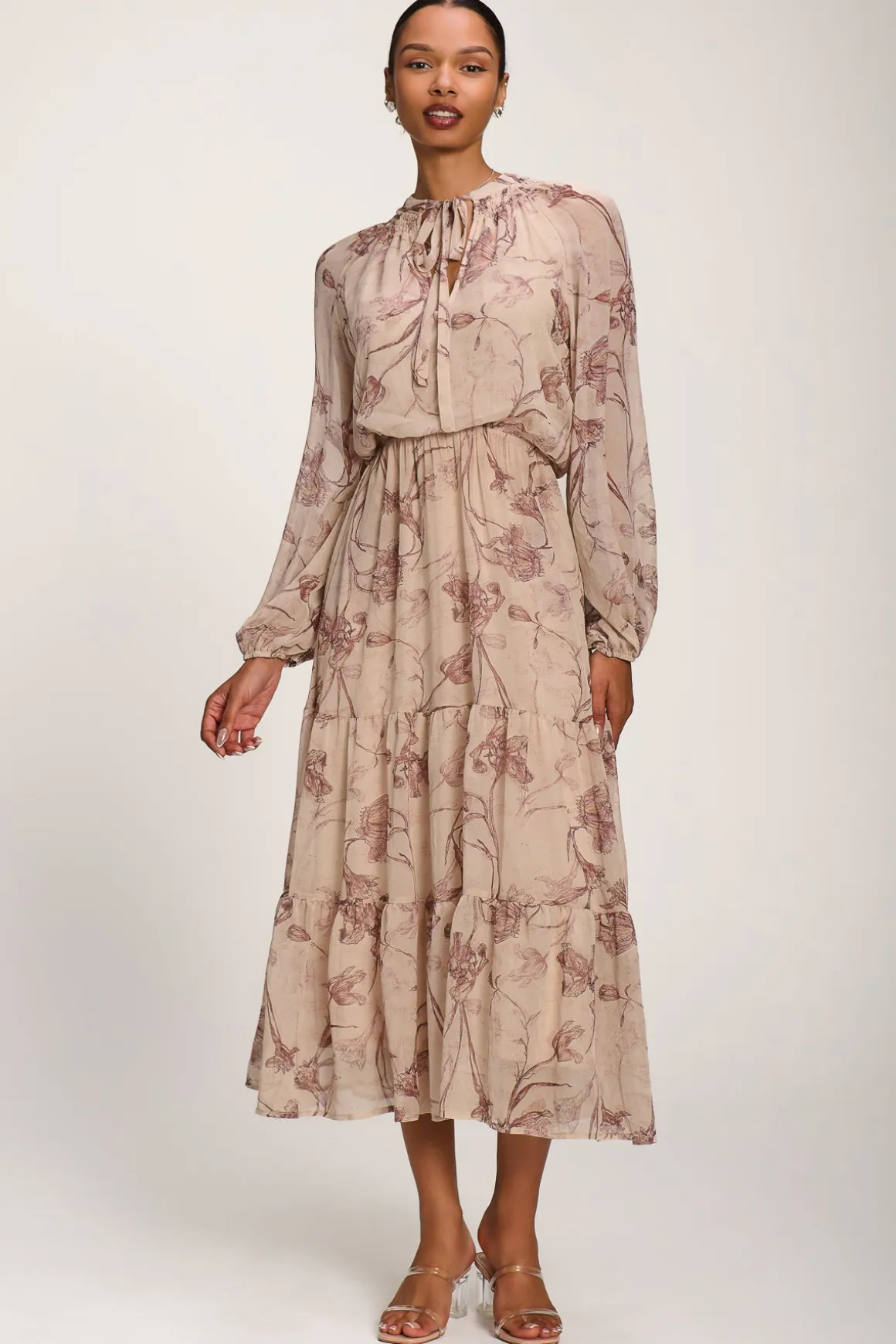 Chiffon Tie Neckline Midaxi Dress, Brown Floral