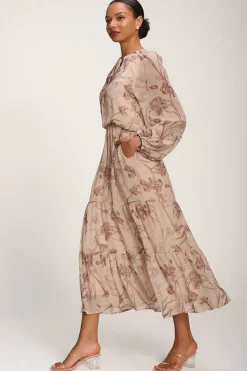 Chiffon Tie Neckline Midaxi Dress, Brown Floral