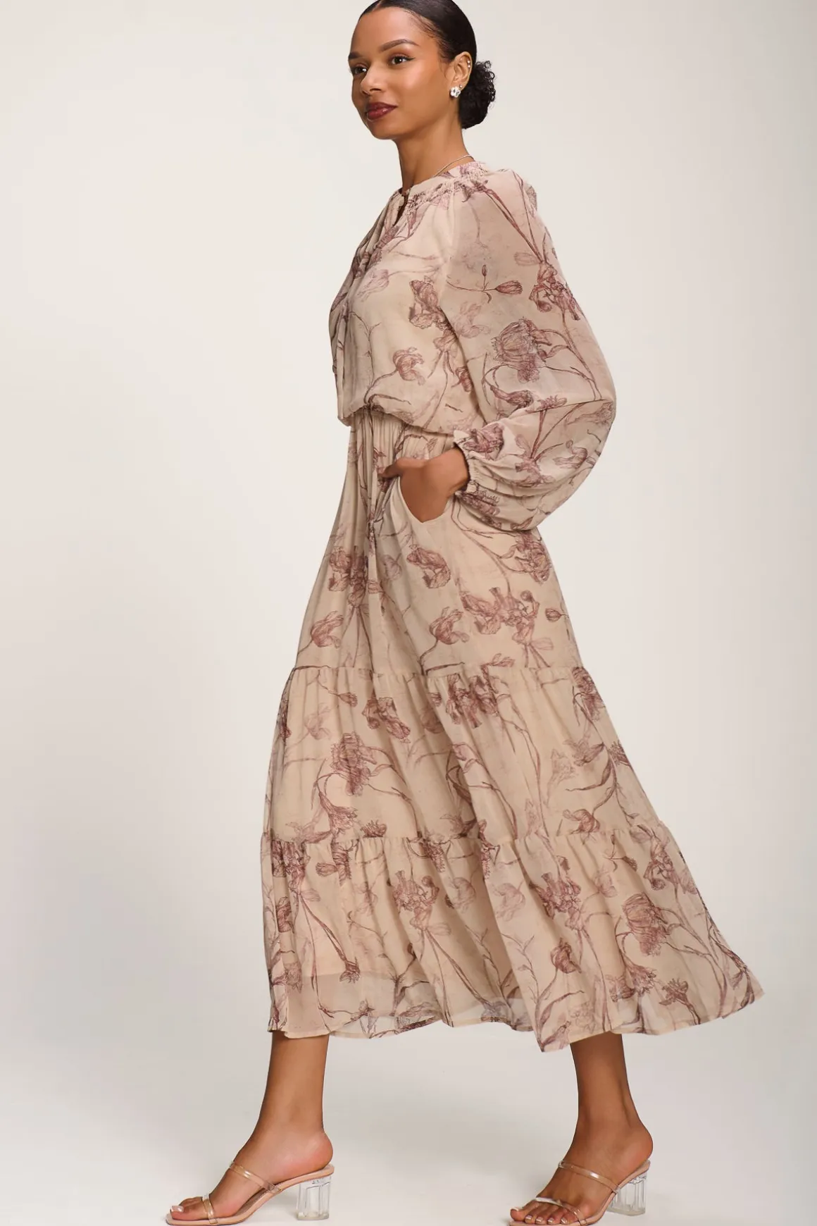 Chiffon Tie Neckline Midaxi Dress, Brown Floral