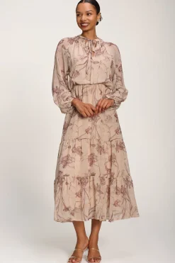 Chiffon Tie Neckline Midaxi Dress, Brown Floral