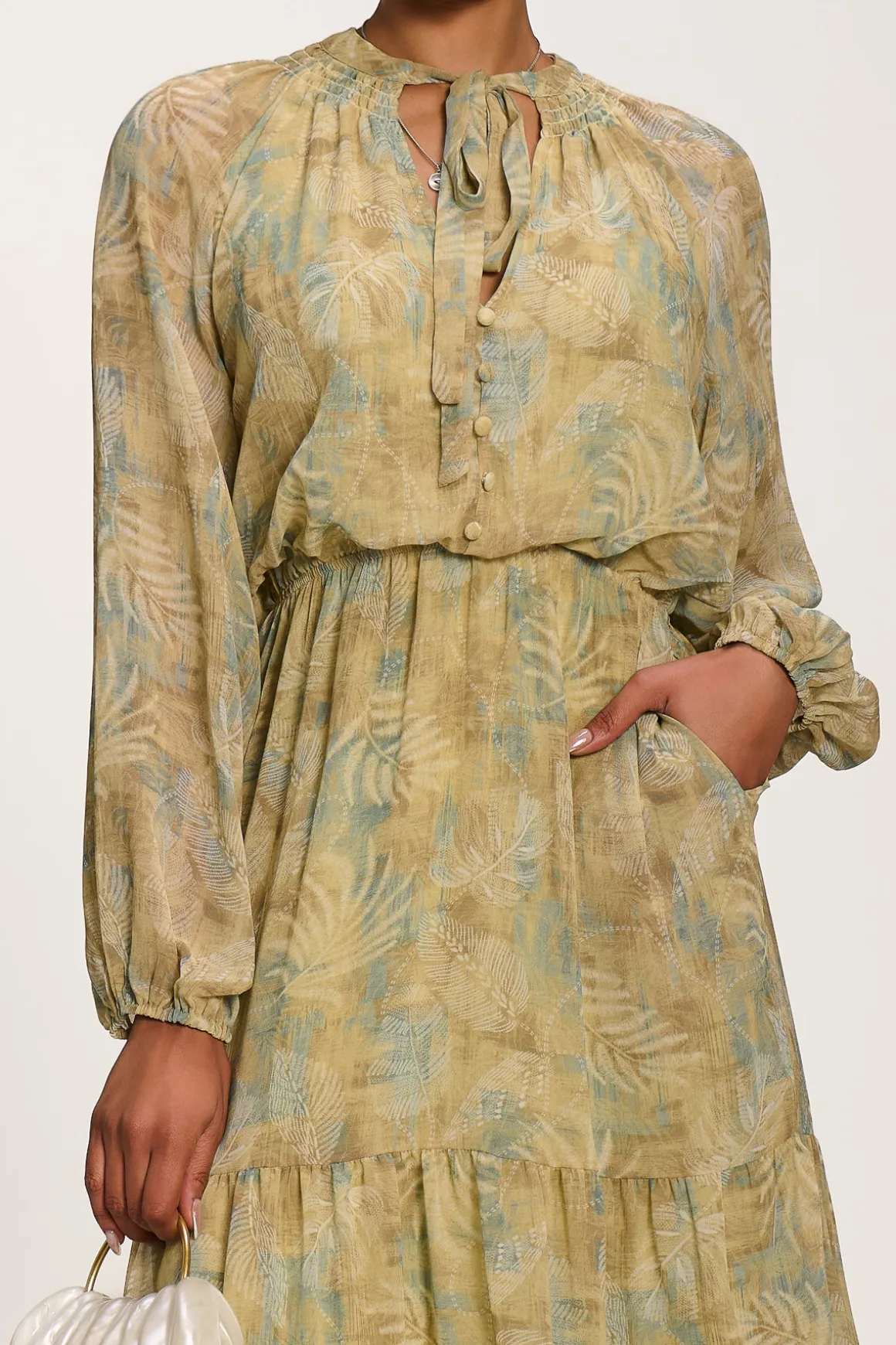 Chiffon Tie Neckline Midaxi Dress, Green Abstract