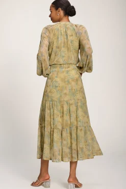 Chiffon Tie Neckline Midaxi Dress, Green Abstract