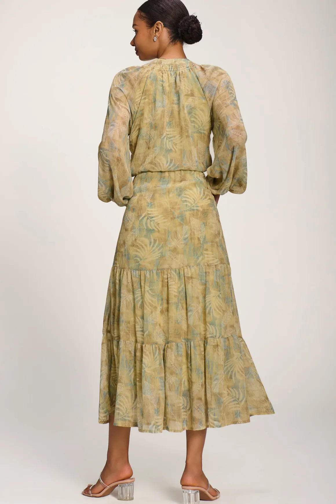 Chiffon Tie Neckline Midaxi Dress, Green Abstract