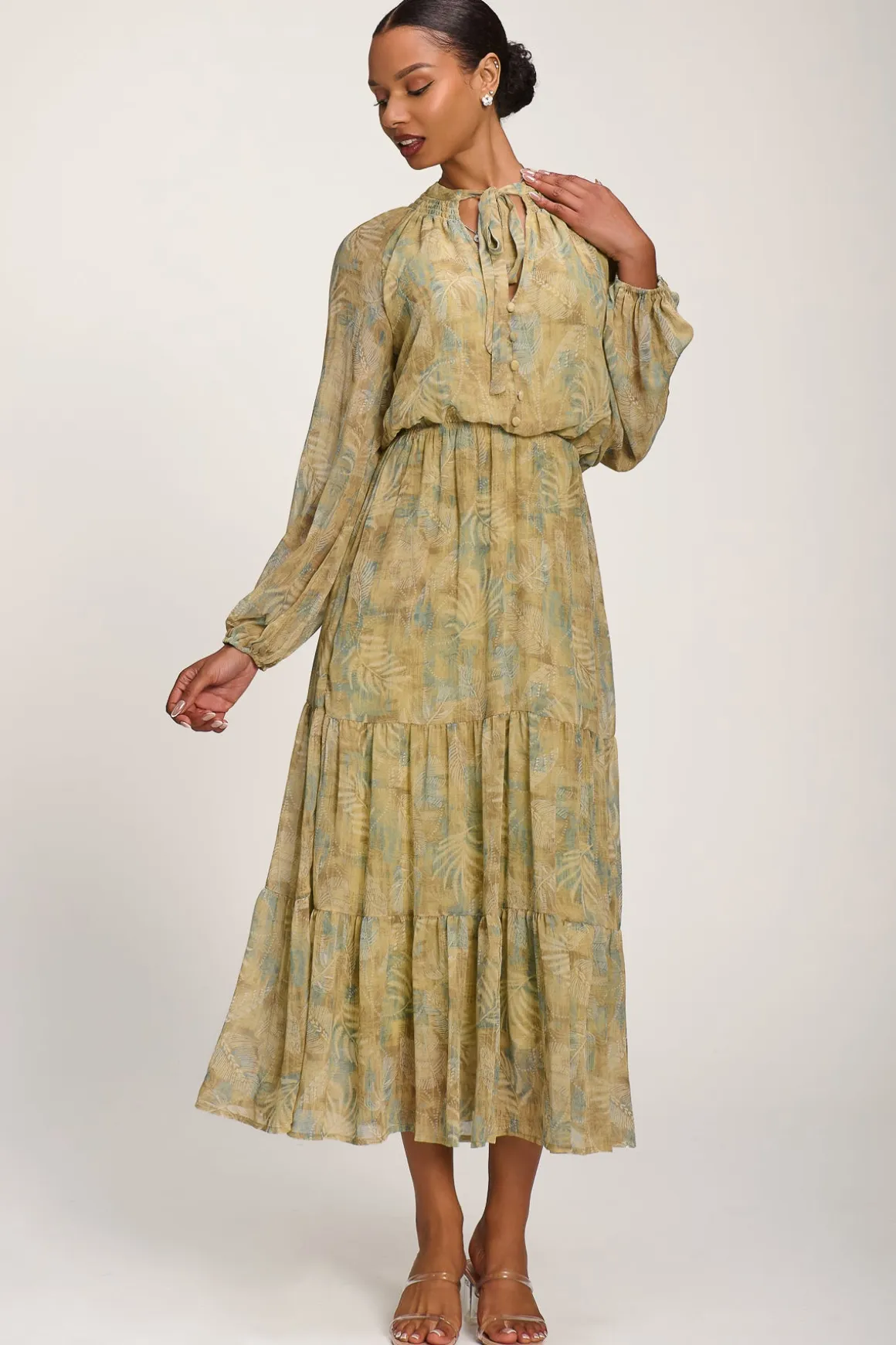 Chiffon Tie Neckline Midaxi Dress, Green Abstract