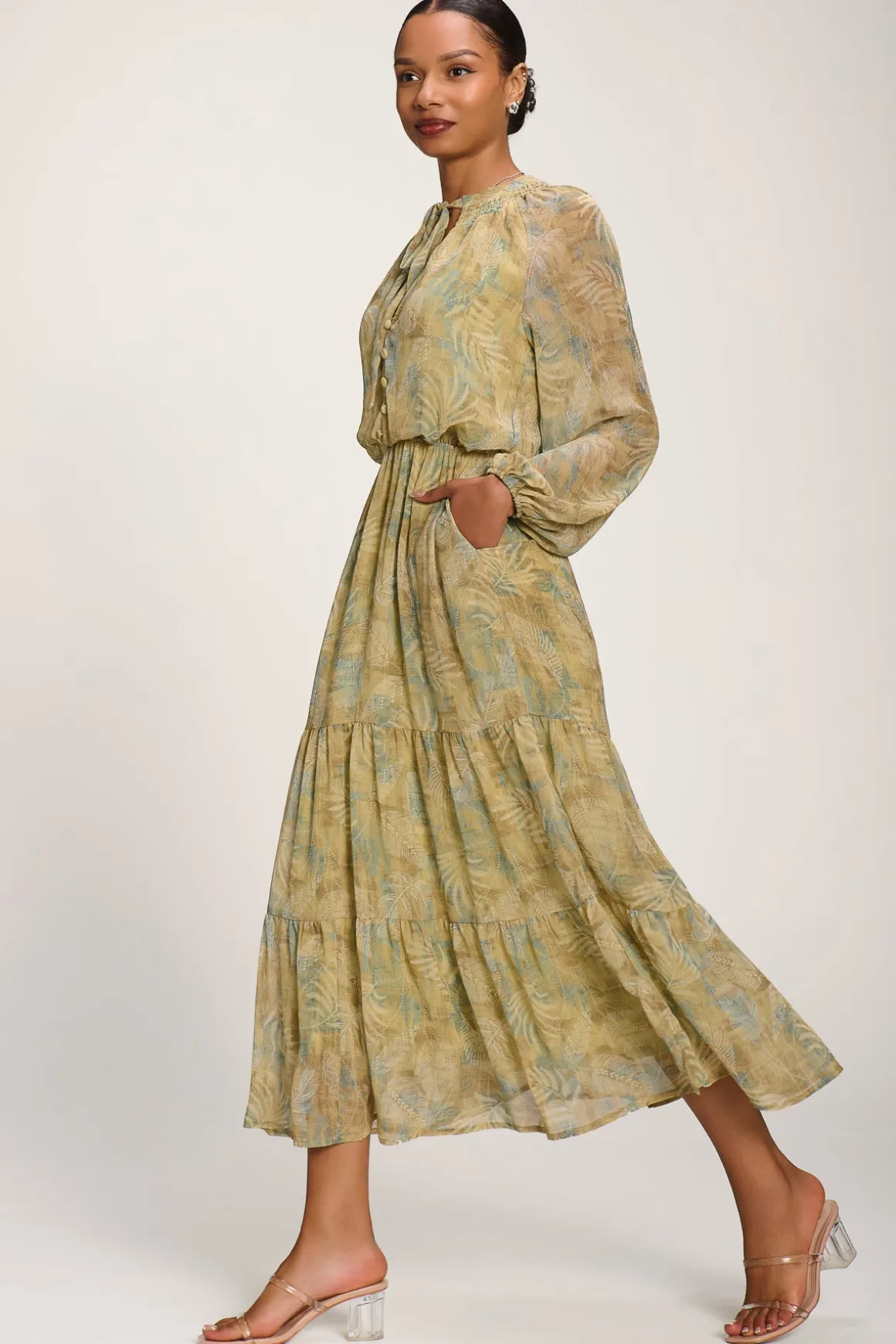 Chiffon Tie Neckline Midaxi Dress, Green Abstract