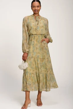 Chiffon Tie Neckline Midaxi Dress, Green Abstract
