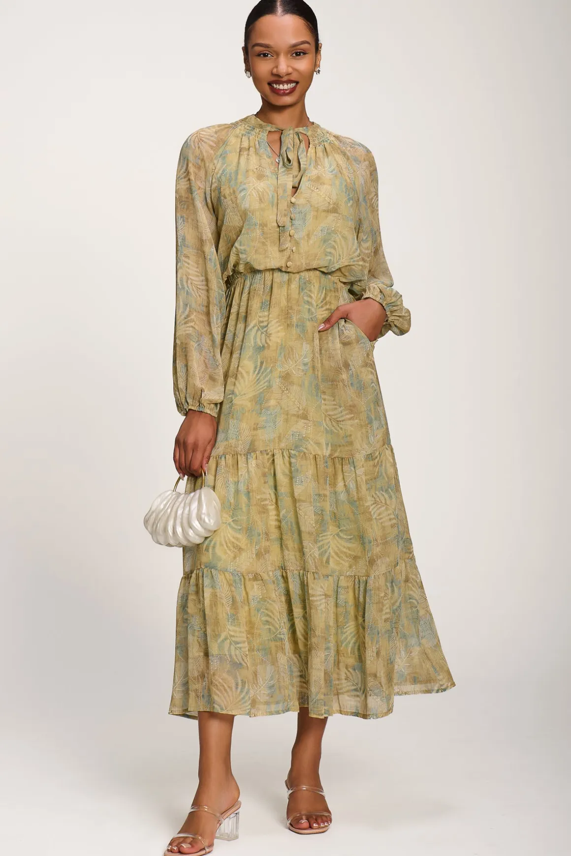 Chiffon Tie Neckline Midaxi Dress, Green Abstract