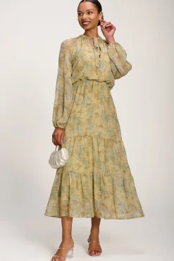 Chiffon Tie Neckline Midaxi Dress, Green Abstract