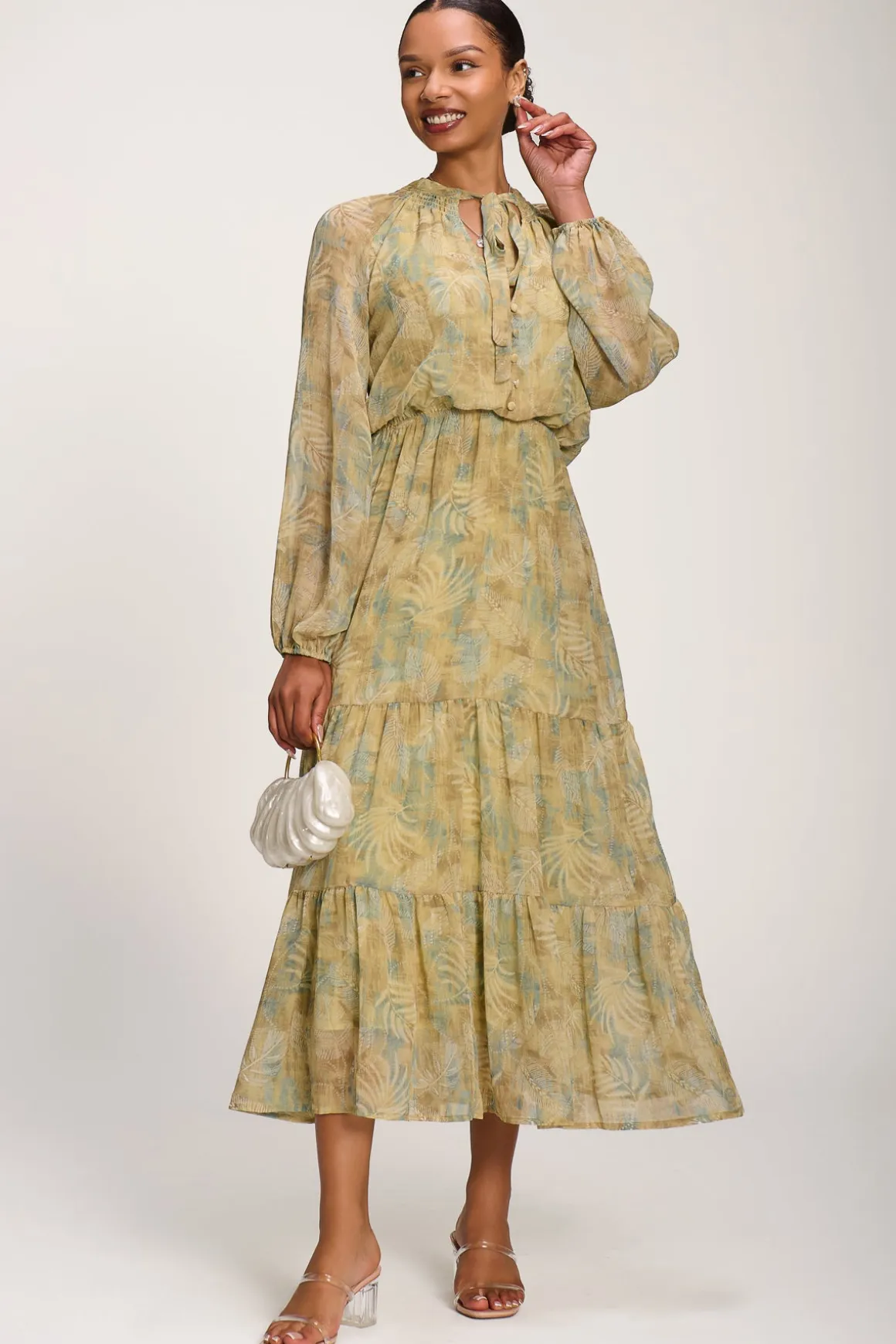 Chiffon Tie Neckline Midaxi Dress, Green Abstract