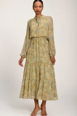 Chiffon Tie Neckline Midaxi Dress, Green Abstract