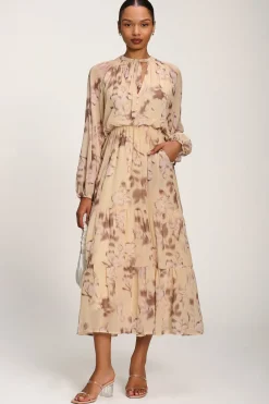 Chiffon Tie Neckline Midaxi Dress, Yellow Abstract