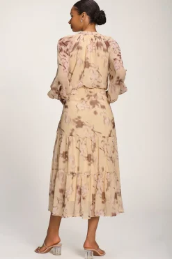 Chiffon Tie Neckline Midaxi Dress, Yellow Abstract