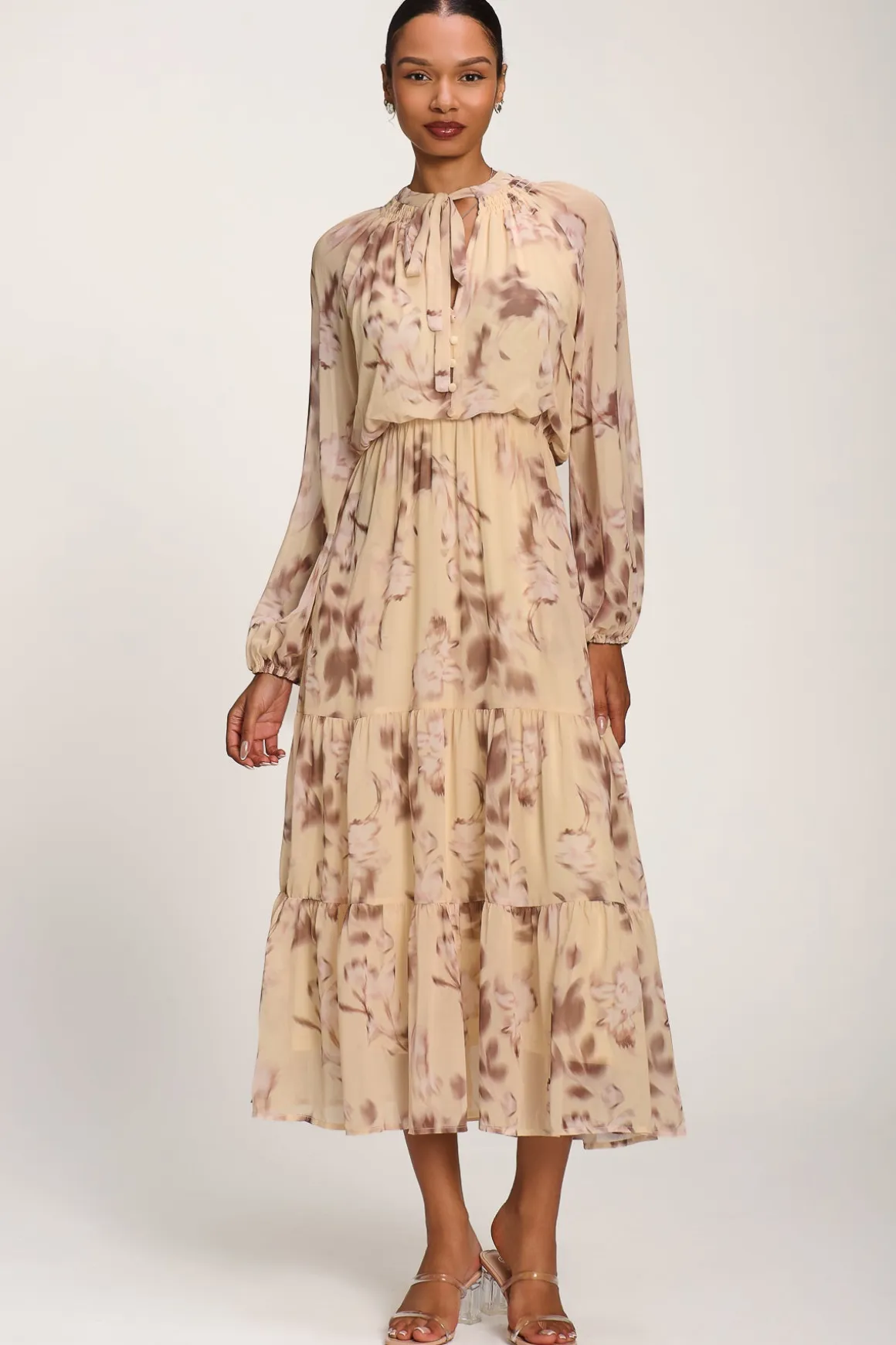 Chiffon Tie Neckline Midaxi Dress, Yellow Abstract