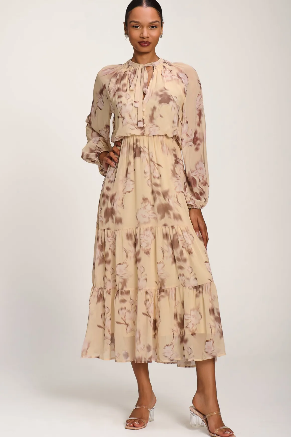 Chiffon Tie Neckline Midaxi Dress, Yellow Abstract