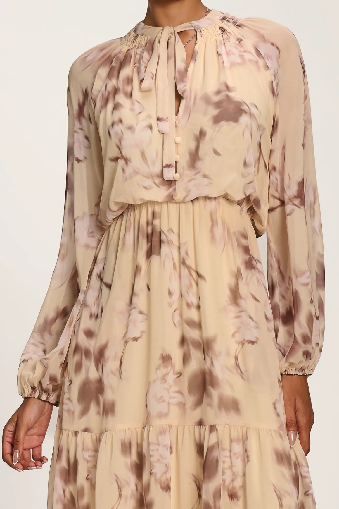Chiffon Tie Neckline Midaxi Dress, Yellow Abstract