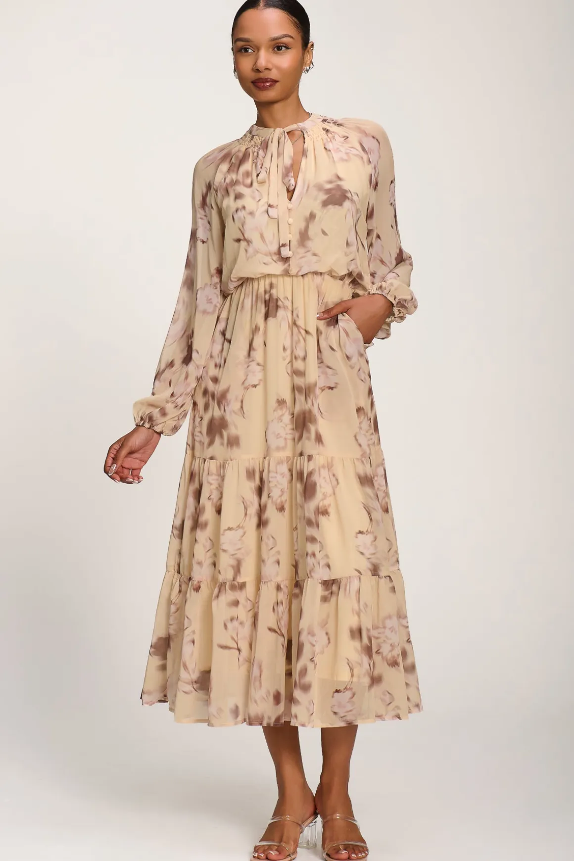 Chiffon Tie Neckline Midaxi Dress, Yellow Abstract