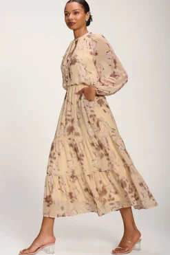 Chiffon Tie Neckline Midaxi Dress, Yellow Abstract
