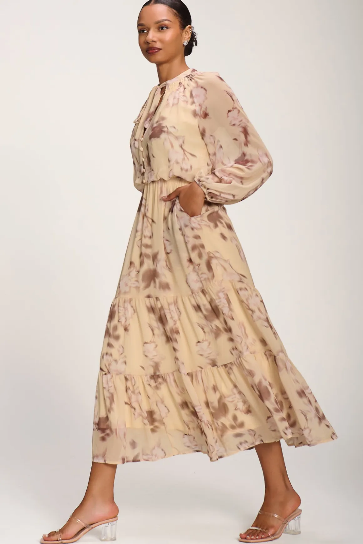 Chiffon Tie Neckline Midaxi Dress, Yellow Abstract