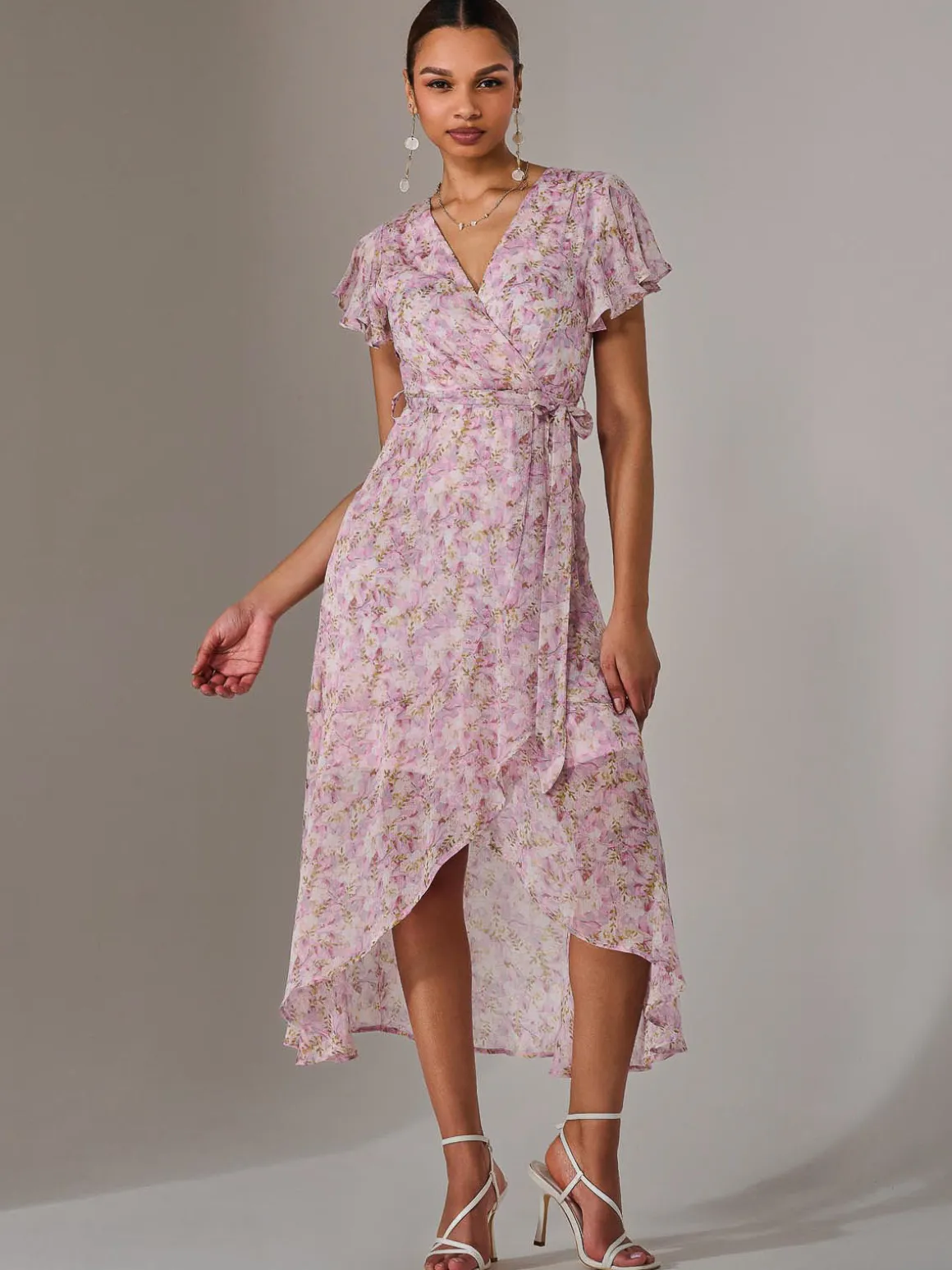 Chiffon Wrap Midi Dress, Pink Floral