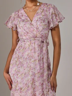 Chiffon Wrap Midi Dress, Pink Floral