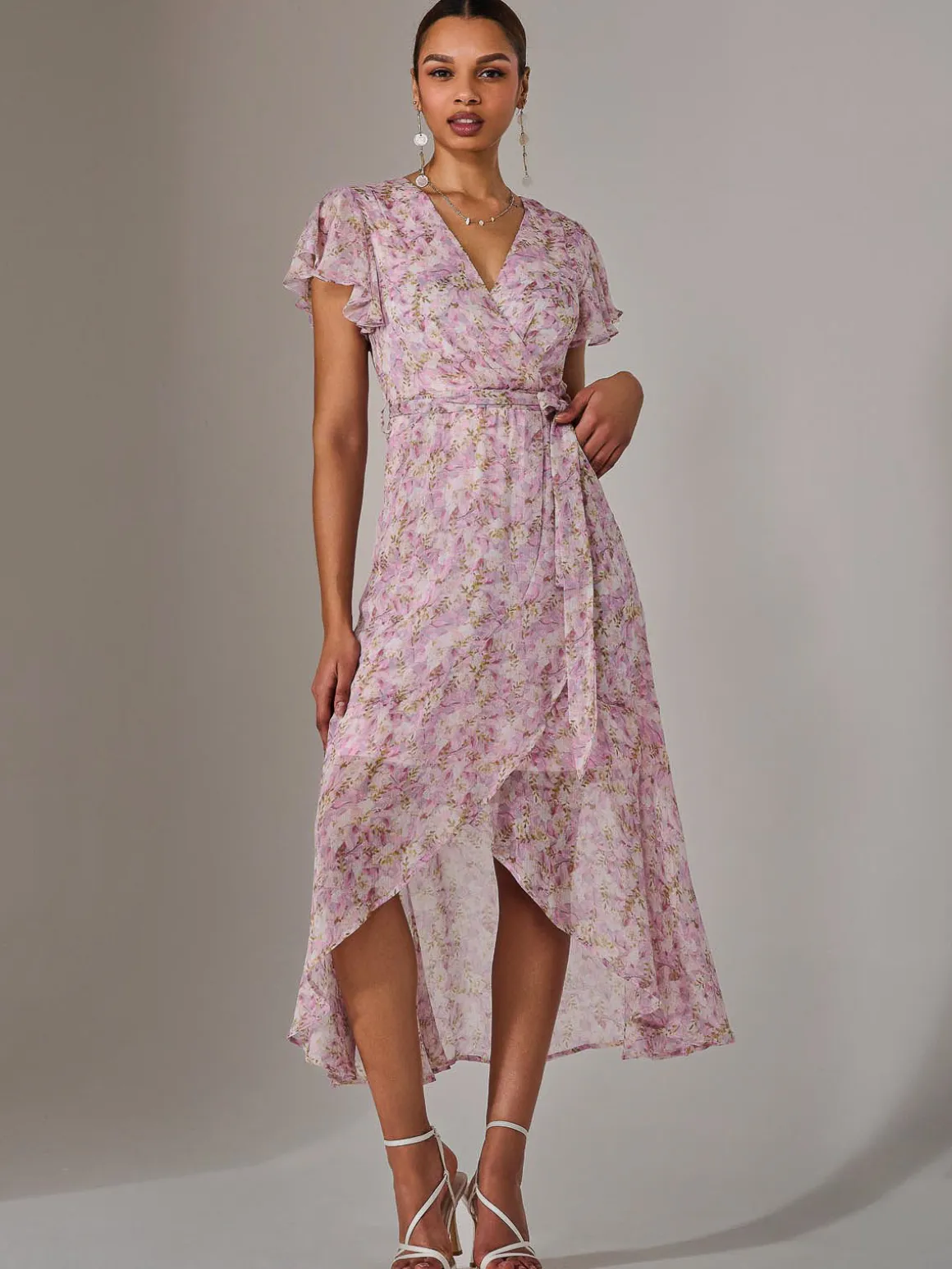 Chiffon Wrap Midi Dress, Pink Floral
